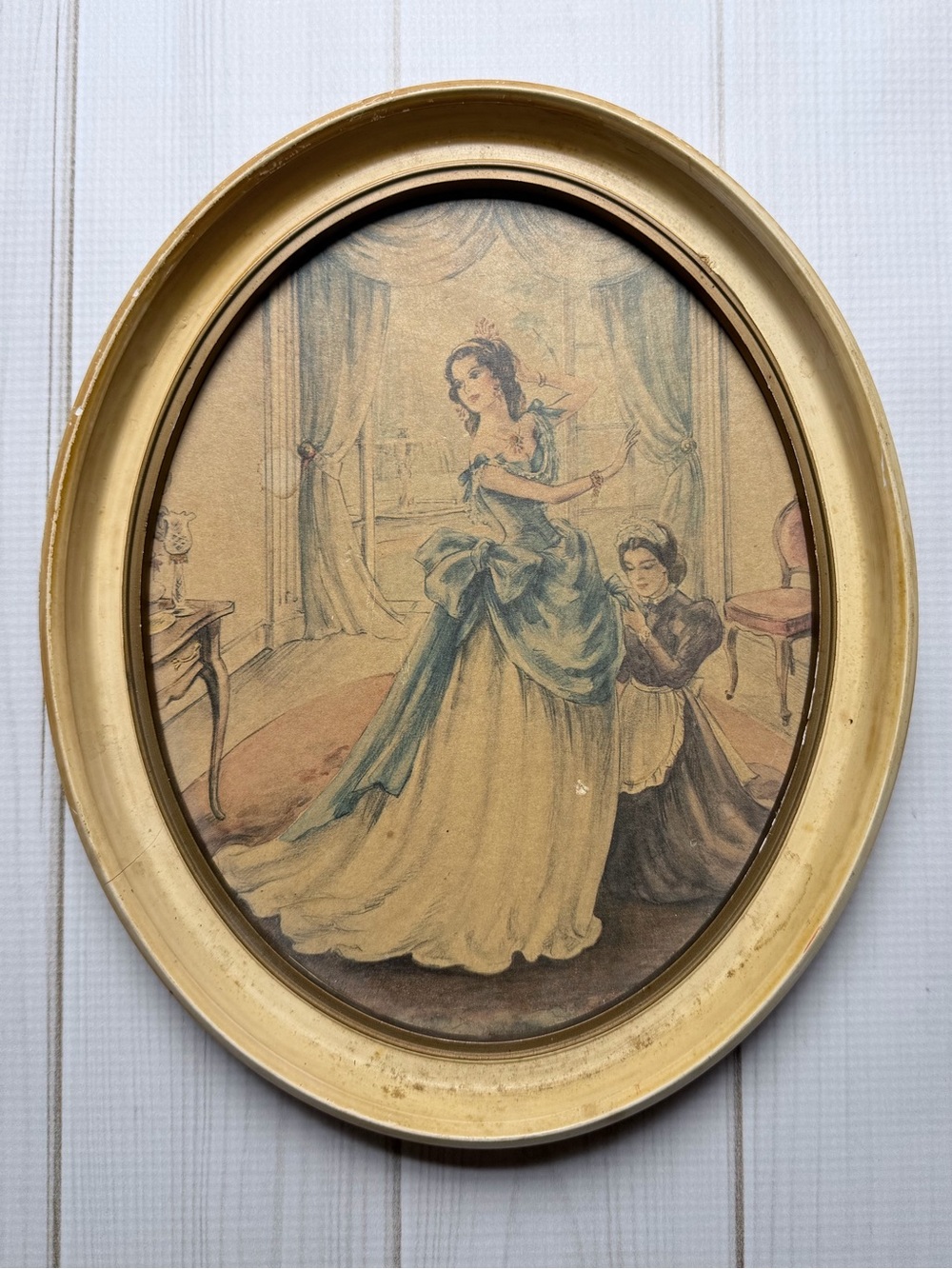 Vintage Victorian Shaw Crinoline Southern Ladies Oval Framed Art Print